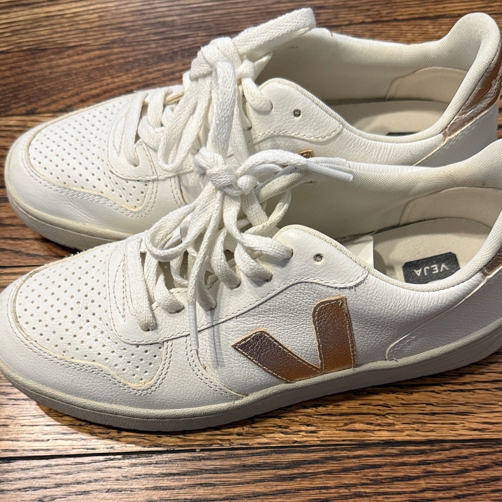 Veja Women's White Leather Sneakers with gold  V Accent